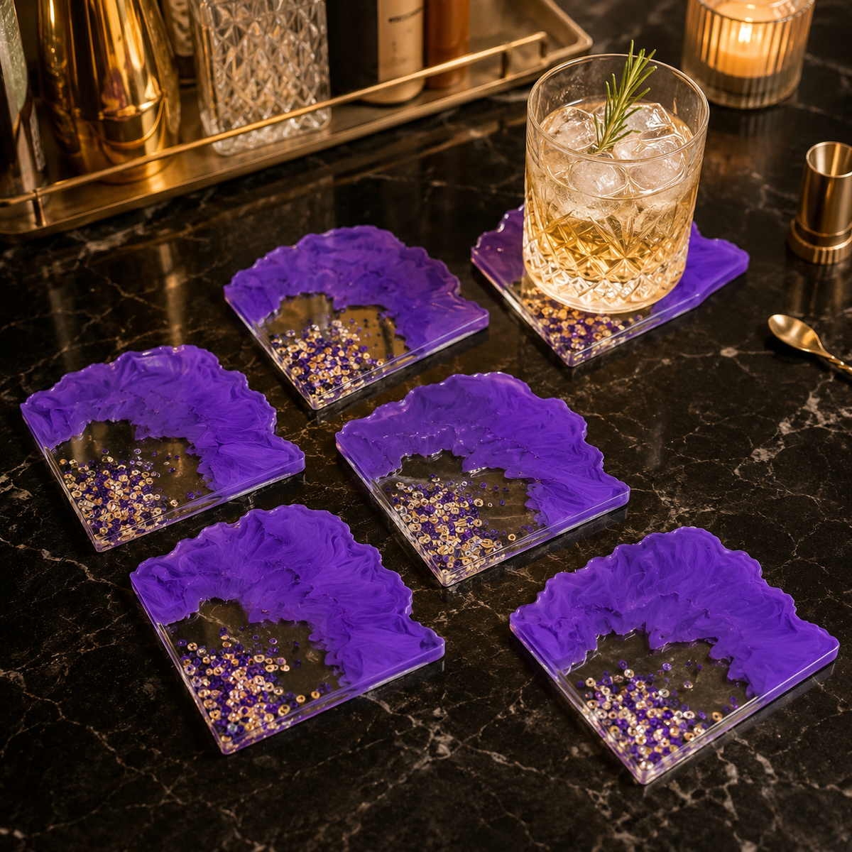 Purple & Multi Sequin Resin Coasters – handmade product view 3
