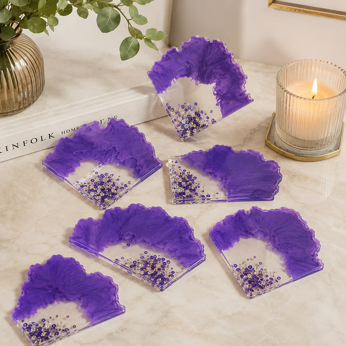 Purple & Multi Sequin Resin Coasters – handmade product view 4