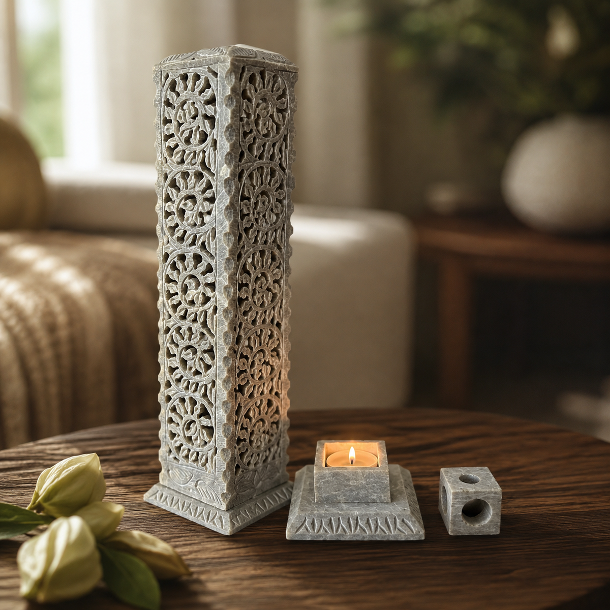 Long Marble Candle & Incense Holder – handmade product view 1