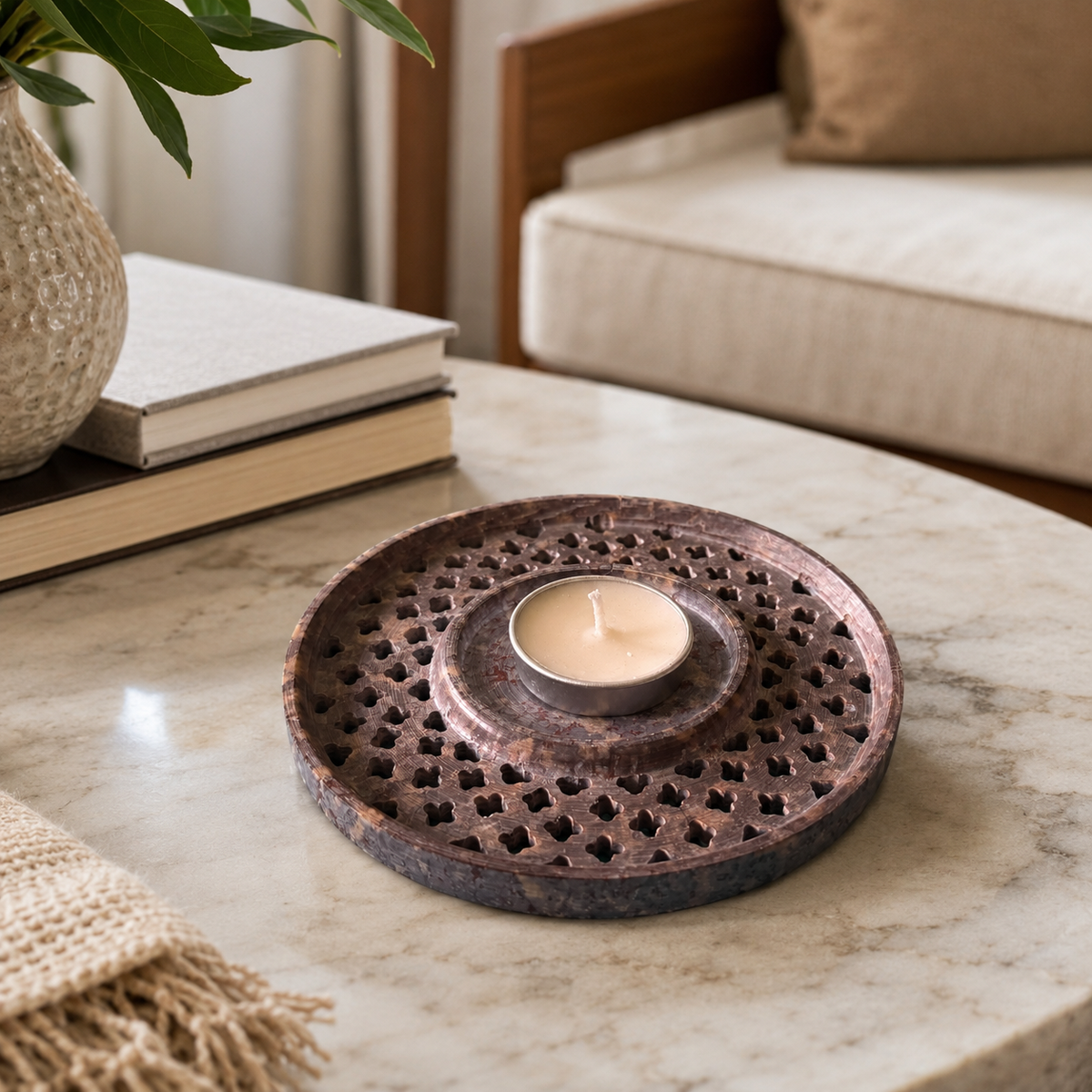 Mandala-Carved Marble Tea Light Holder – handmade product view 1