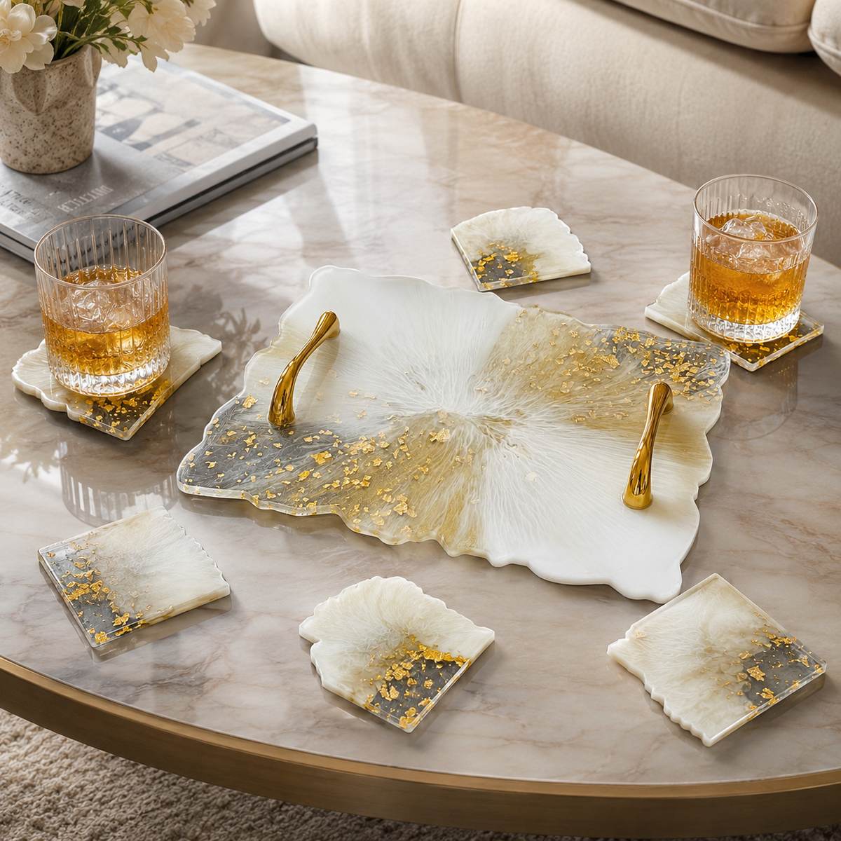 White & Gold Marble Resin Tray & Coaster Set – handmade product view 2