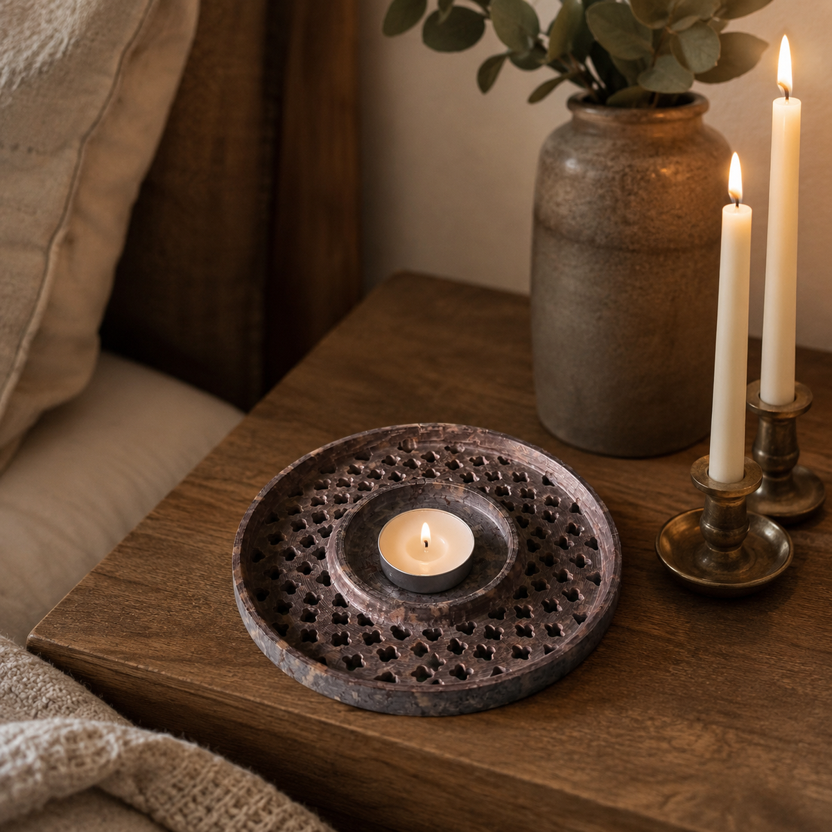 Mandala-Carved Marble Tea Light Holder – handmade product view 3