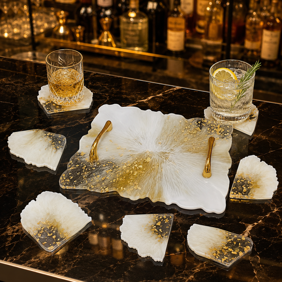 White & Gold Marble Resin Tray & Coaster Set – handmade product view 3