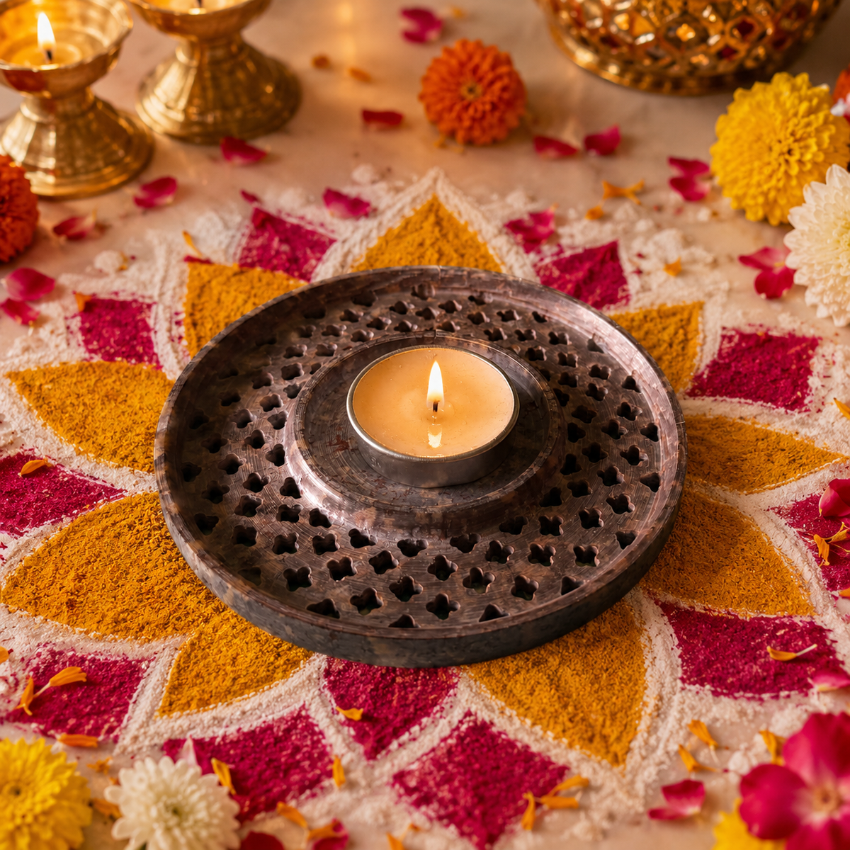 Mandala-Carved Marble Tea Light Holder – handmade product view 4