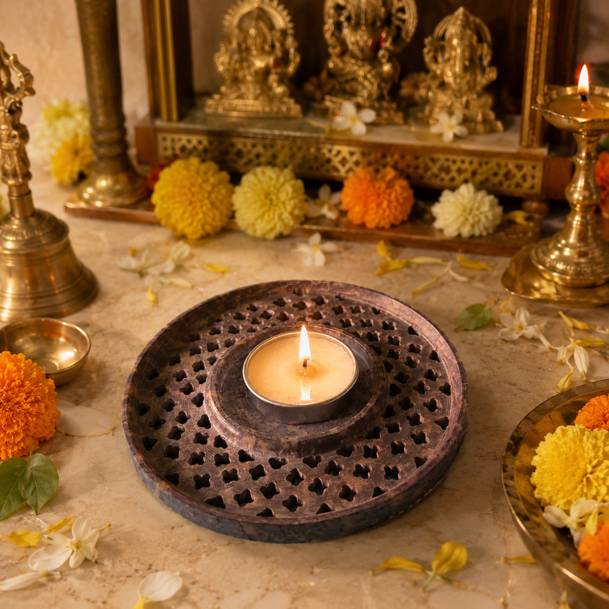 Mandala-Carved Marble Tea Light Holder – handmade product view 2