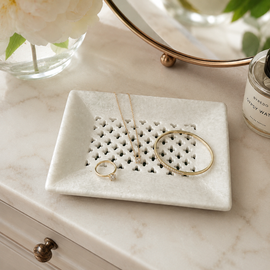 Small Jali-Carved Marble Decorative Tray – handmade product view 1