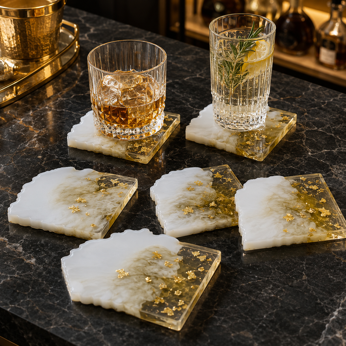 White & Gold Marble Resin Coasters – handmade product view 1