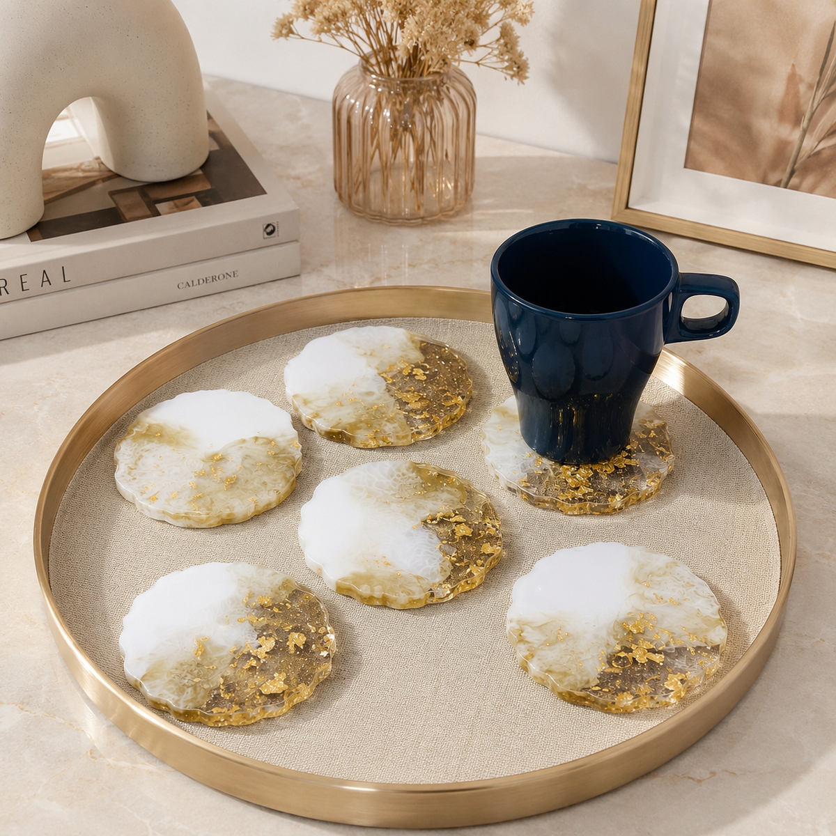 White & Gold Marble Resin Coasters – handmade product view 4