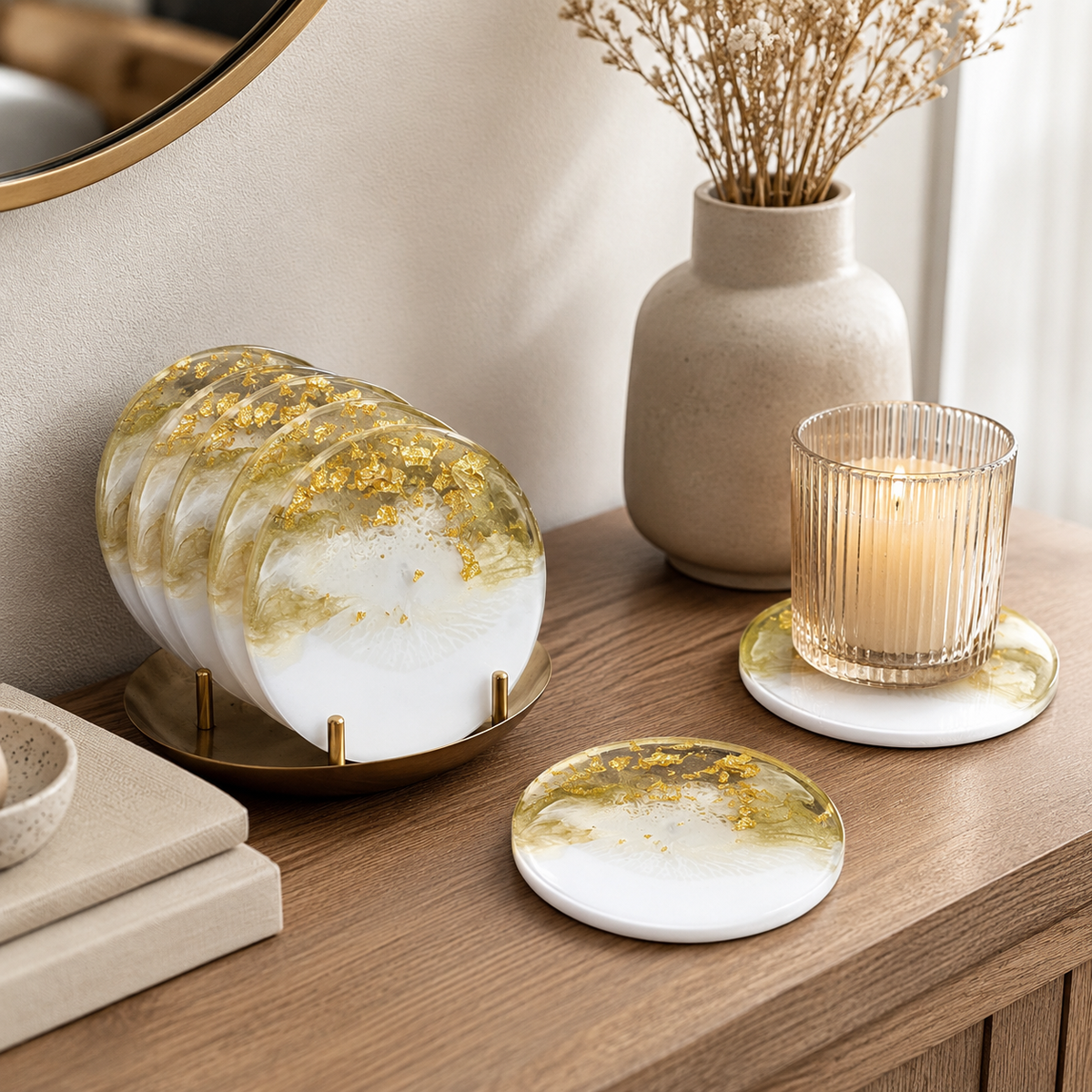 White & Gold Marble Resin Coasters – handmade product view 2
