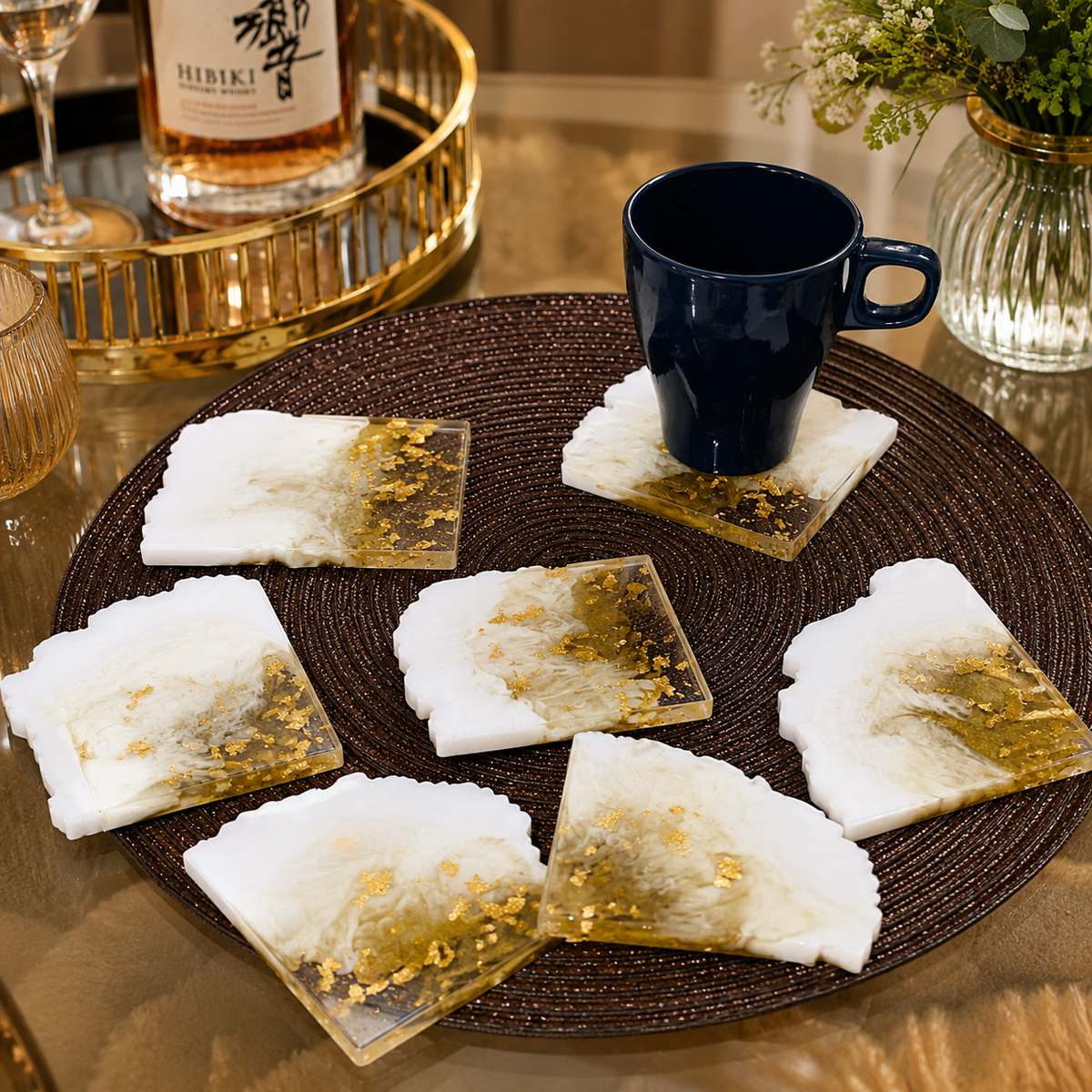 White & Gold Marble Resin Coasters – handmade product view 5