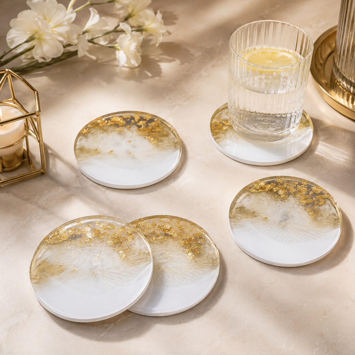 White & Gold Marble Resin Coasters – handmade product view 7