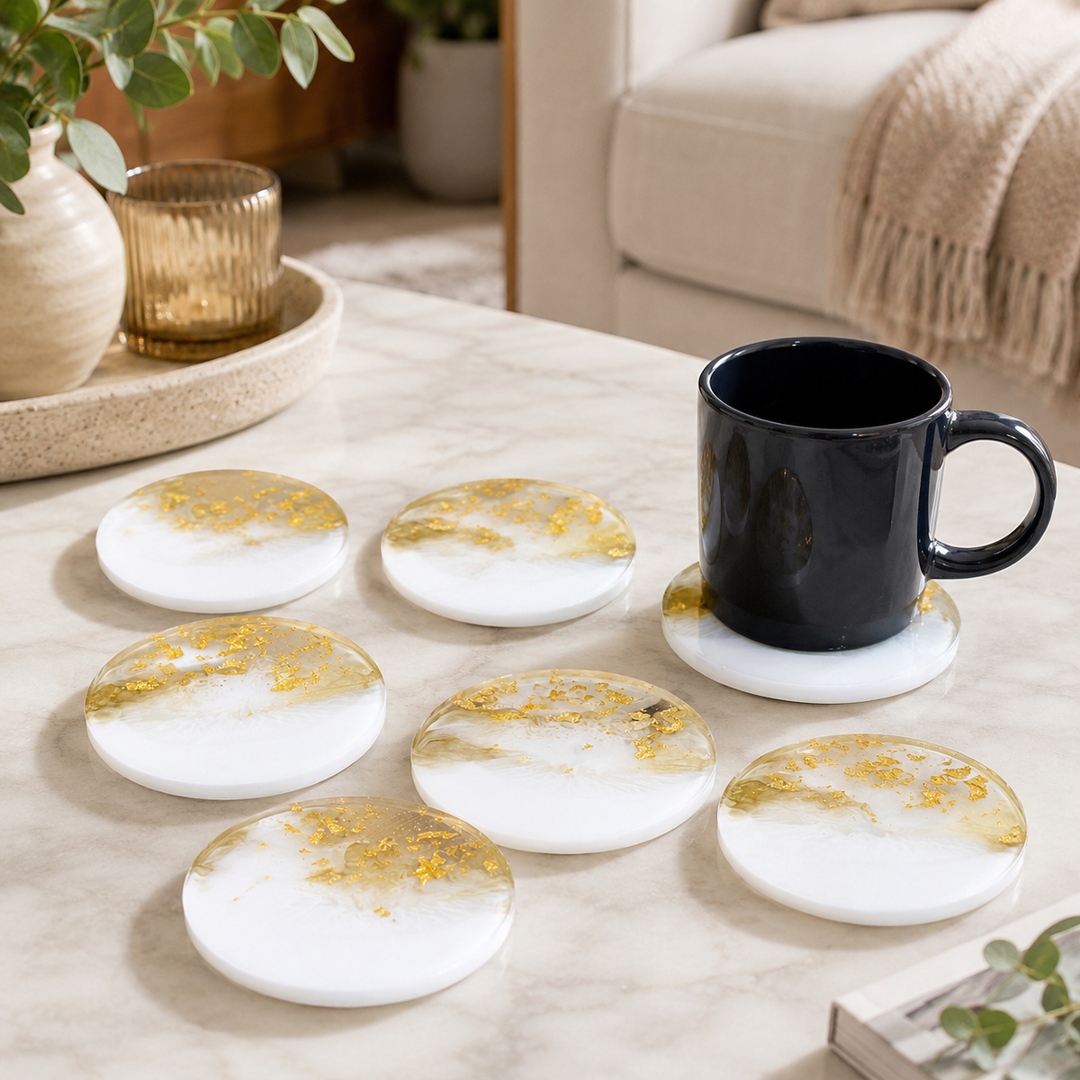 White & Gold Marble Resin Coasters – handmade product view 6
