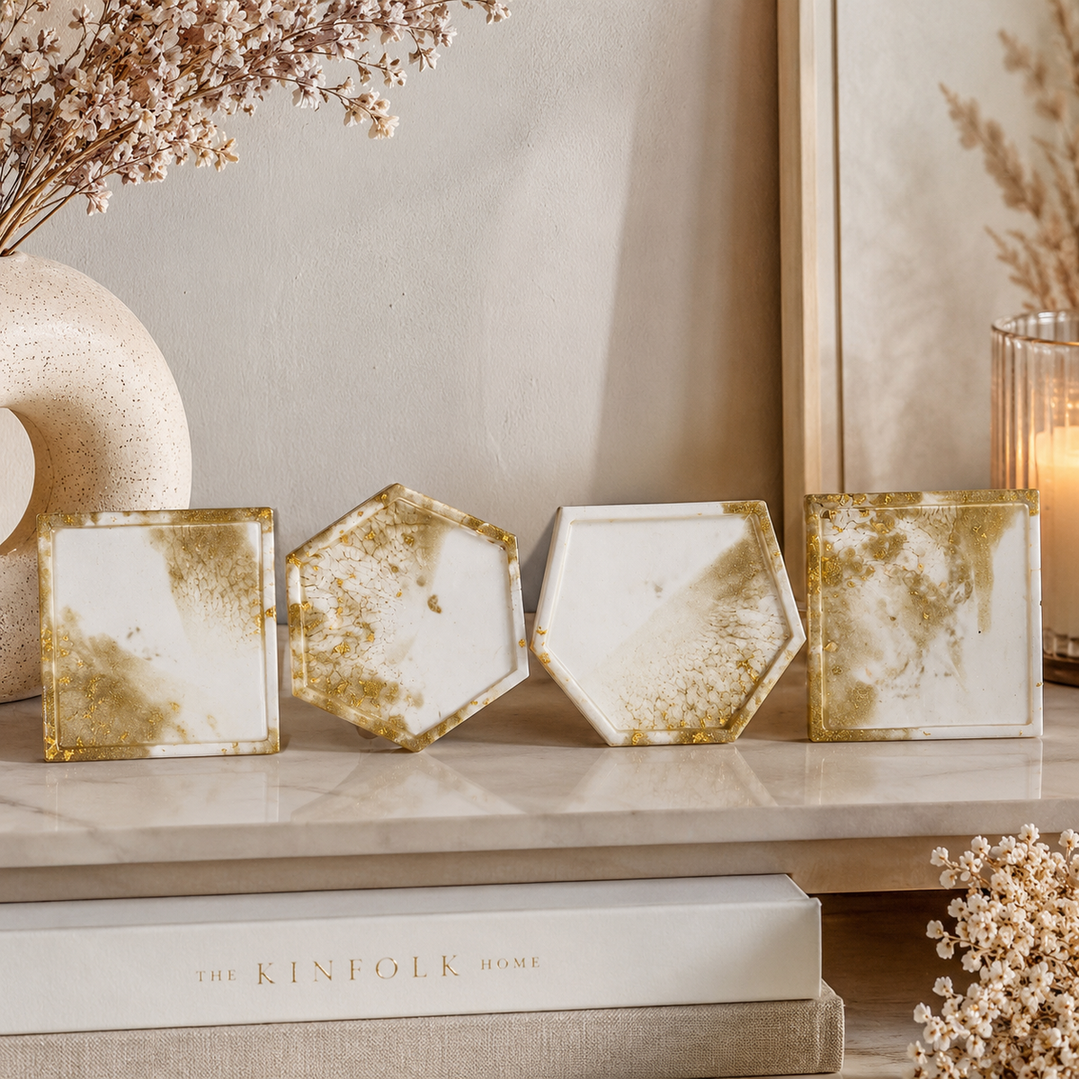 White & Gold Marble Resin Coasters – handmade product view 3