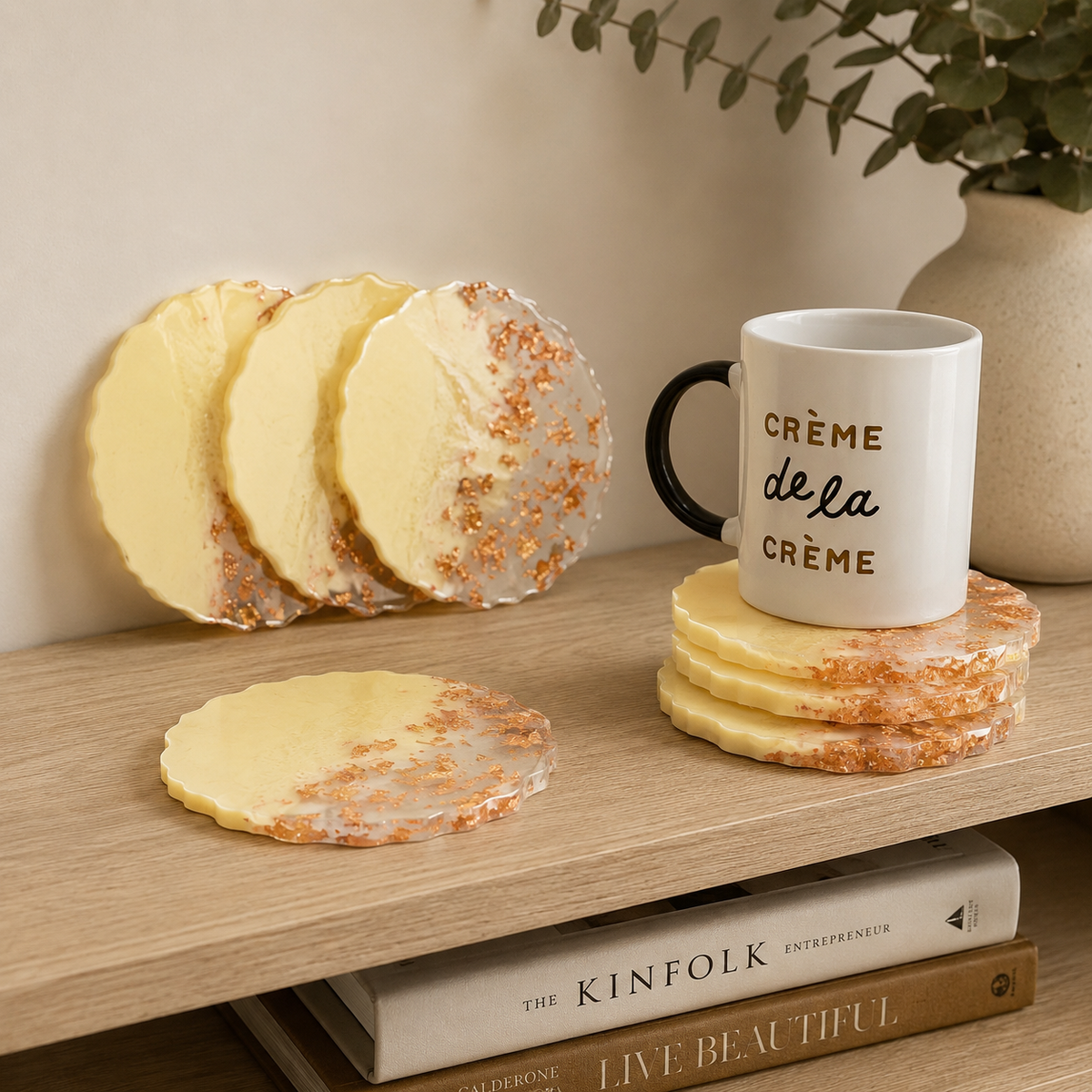 Cream & Rose Gold Ombre Resin Coasters – handmade product view 7